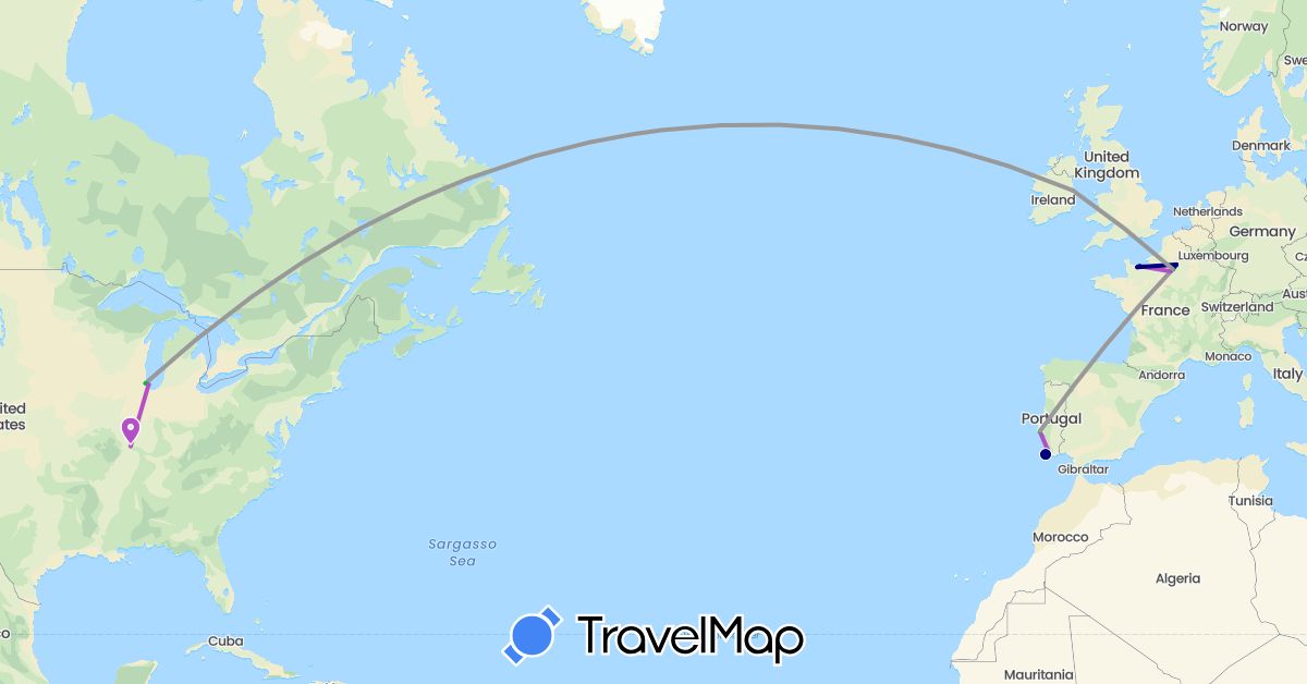 TravelMap itinerary: driving, bus, plane, train in France, Ireland, Portugal, United States (Europe, North America)